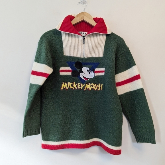 Vintage 90s Disney Mickey Mouse Wool Quarter Zip Pullover Sweater - Picture 1 of 13
